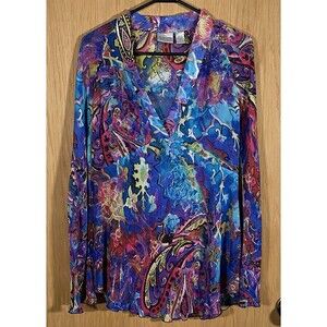 Vtg Chicos Y2K Women's Sz M Silk Sheer Babydoll Top Colorful Artsy Festival